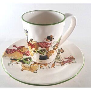 Pier 1 Park Avenue Puppies Small Plate & Mug Hand Painted Ironstone Dogs